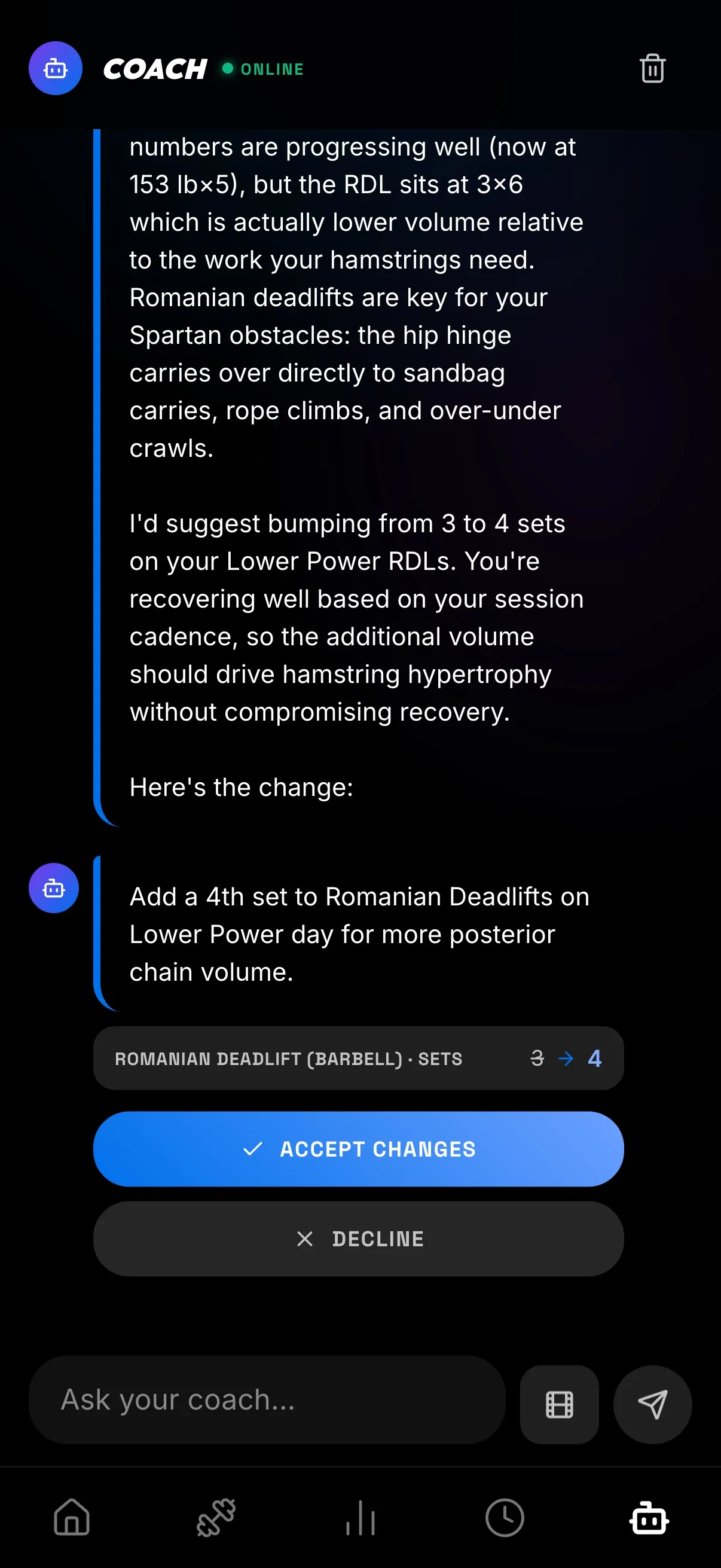 The Capable AI coach suggesting a plan change, powered by Claude.