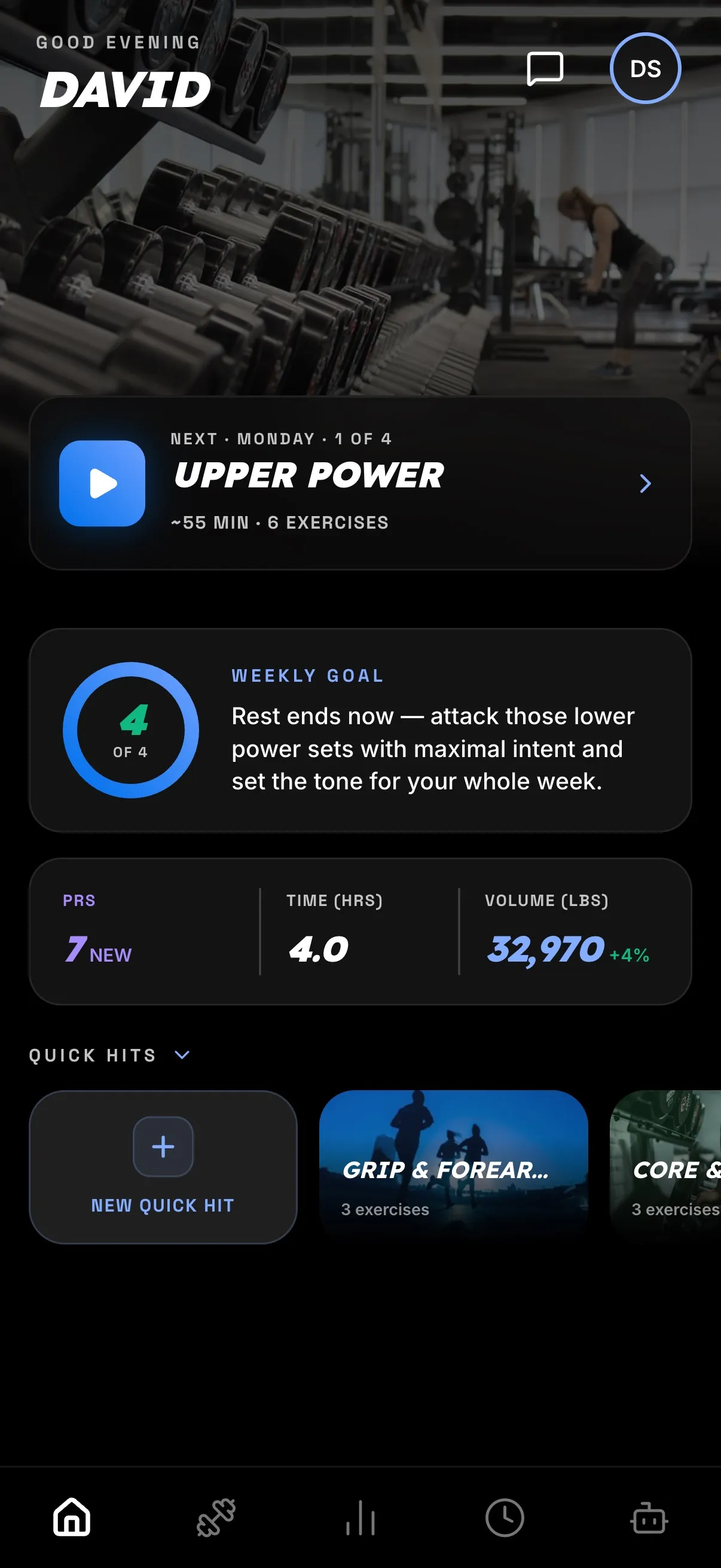 Capable home screen — the next workout queued up with this week's stats and quick hits.