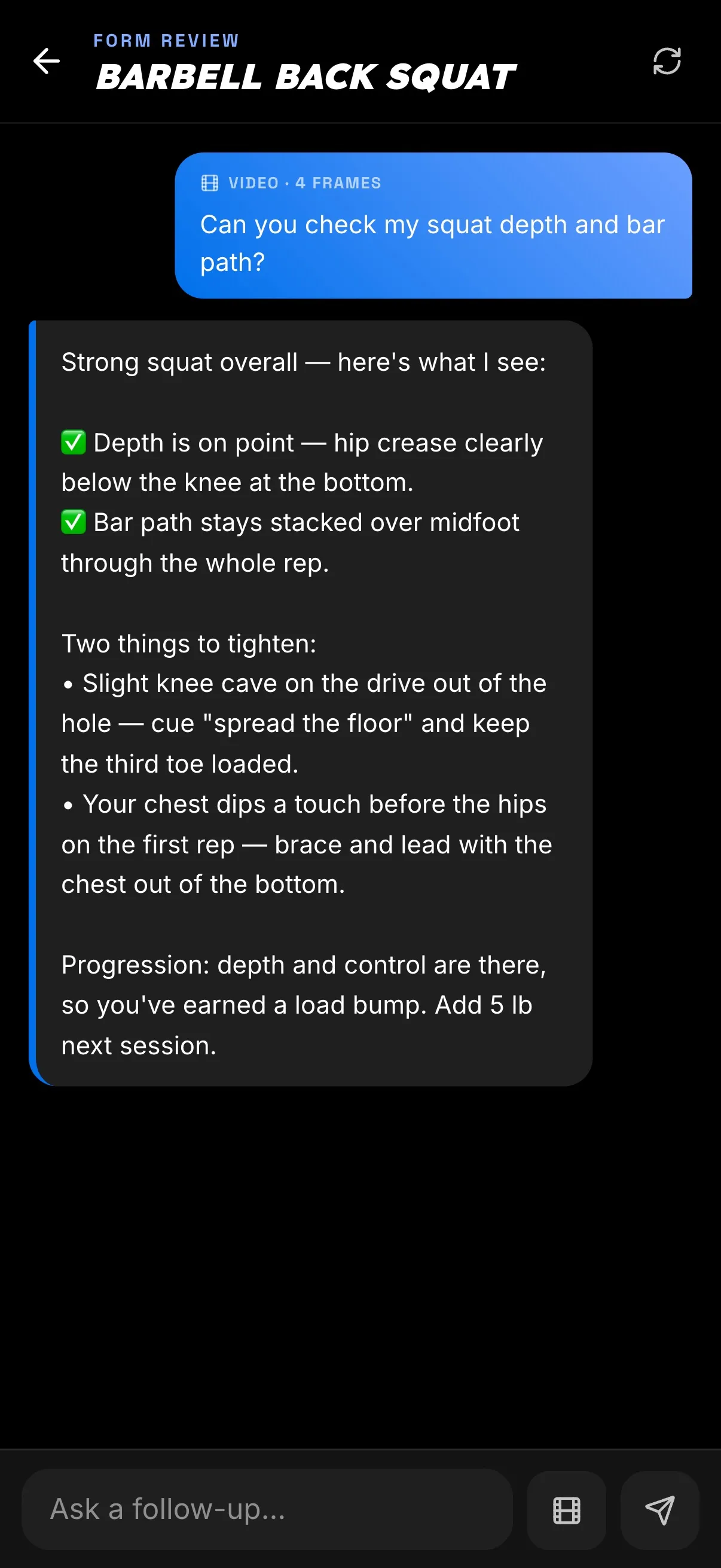 Capable AI Form Review — feedback on a barbell squat clip.
