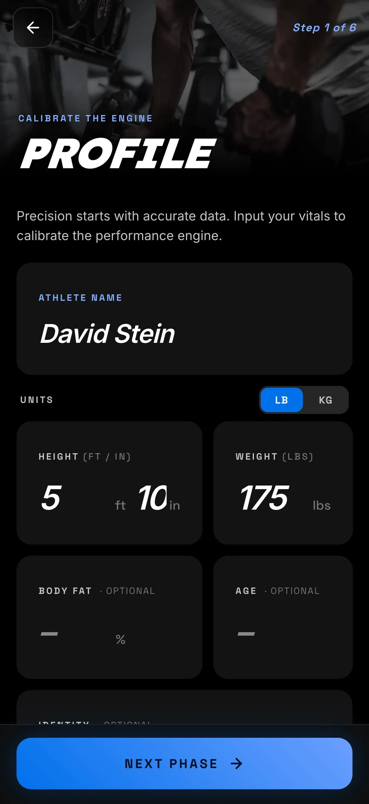 Capable onboarding — entering your vitals, goals, and sport to personalize training.