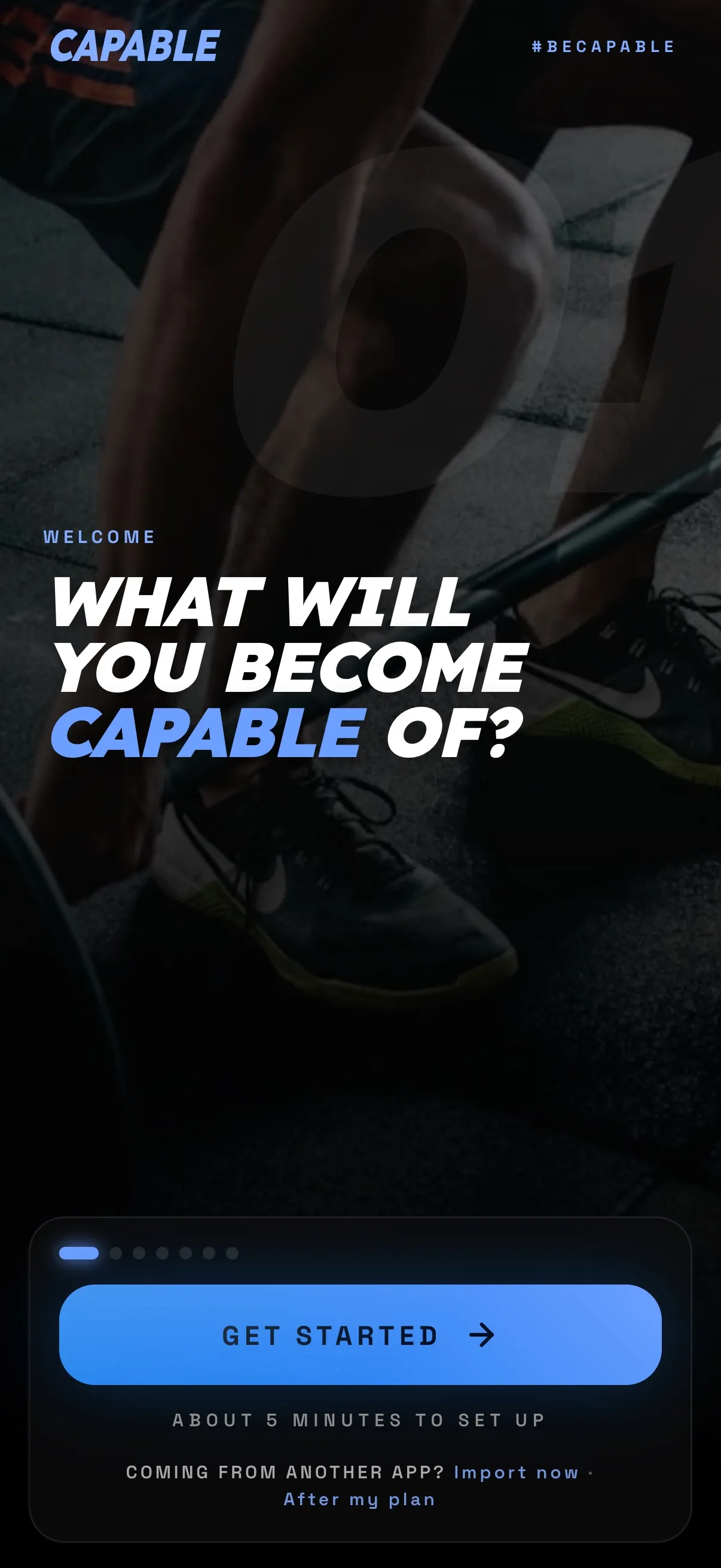 Capable welcome screen — "What will you become capable of?" over a training photo, with a Get Started button.