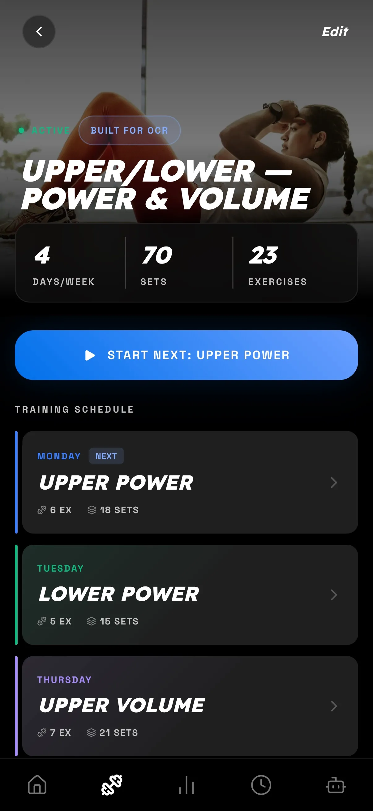 A sport-aware training plan in Capable with a "Built for OCR" badge and a weekly schedule.