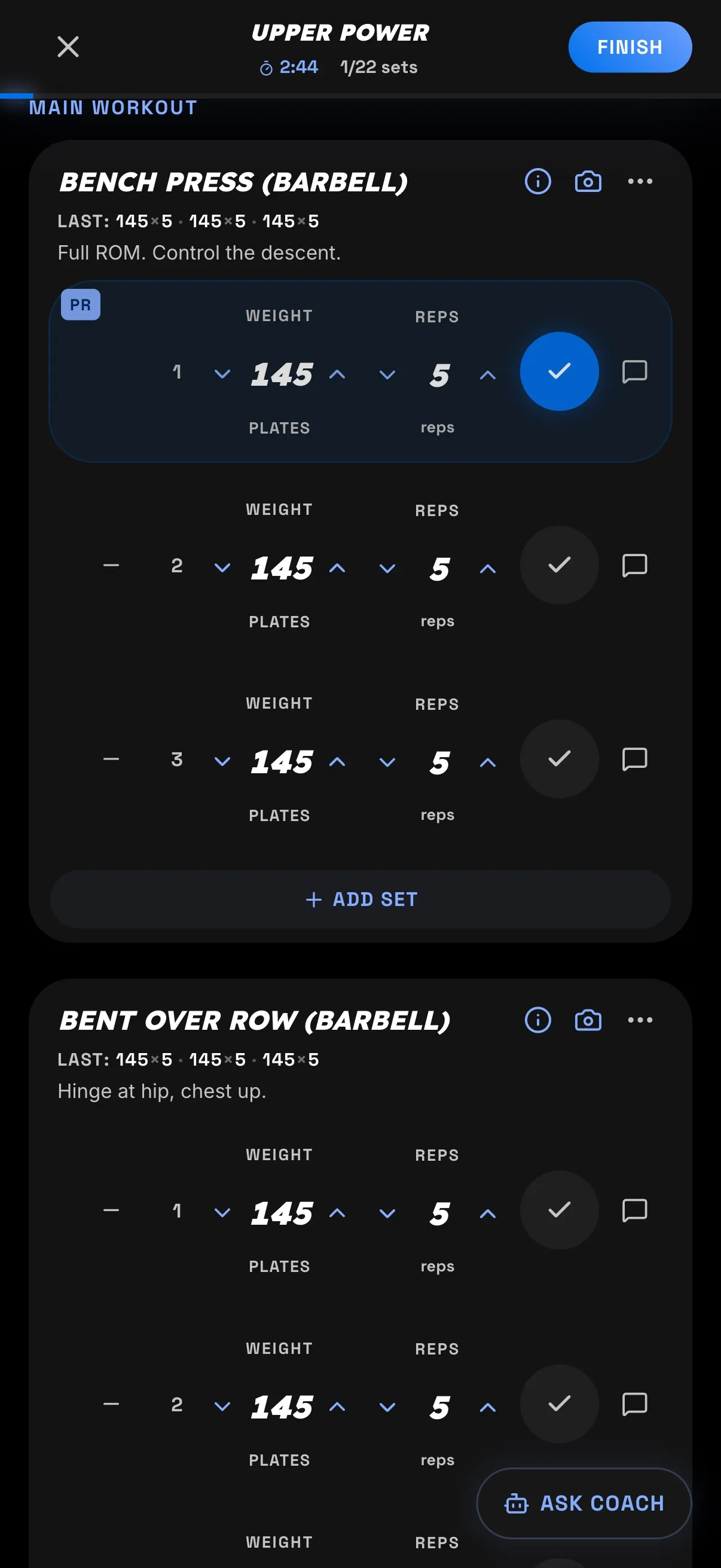 Logging sets mid-workout in Capable, with large weight and rep numbers and a rest timer.